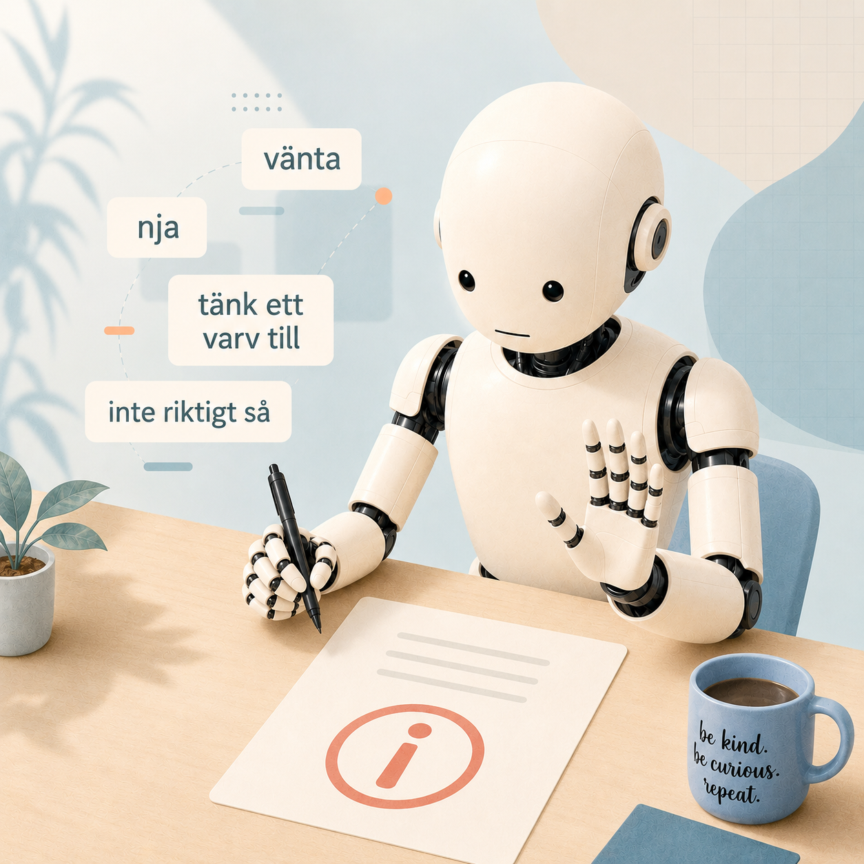 Theo gör en vänlig vänta-lite-gest framför ett svar och en mjuk stoppmarkering, som en bild av AI som sätter gränser.